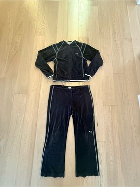 Vintage Puma Black Velour Two-Piece Track Set with White Piping